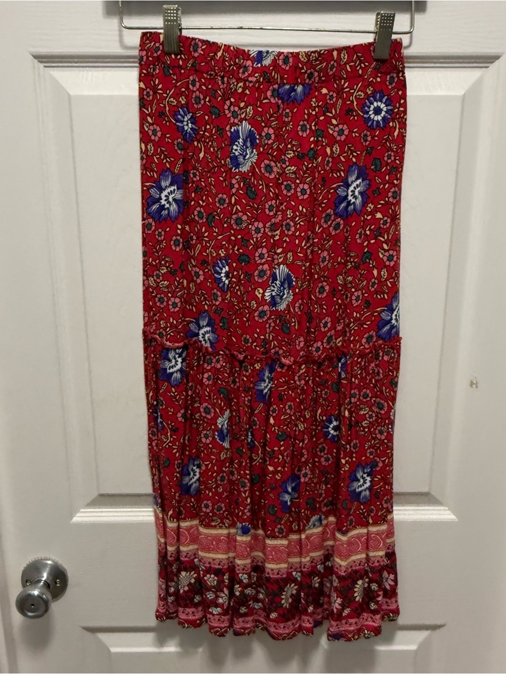 SHEIN Red Floral Tiered Maxi Skirt with Blue Accents